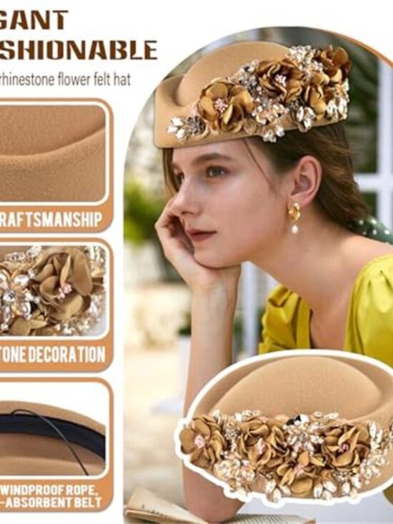 Women\'s Retro Stewardess Felt Hat Rhinestone Flower Decor main image 4